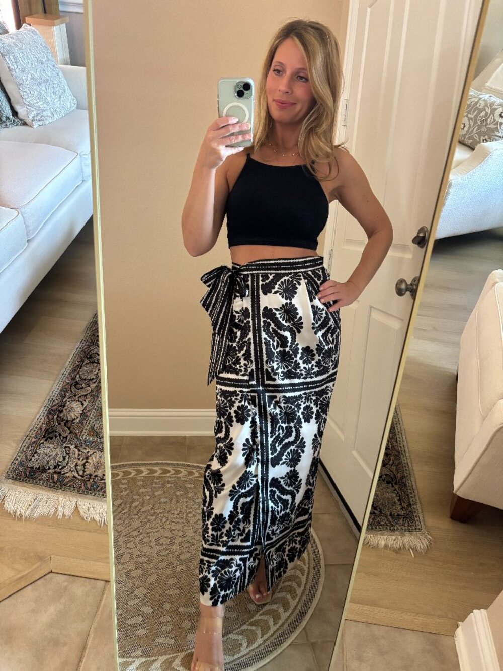 Antonio Melani Black and Ivory Satin Printed Midi Skirt